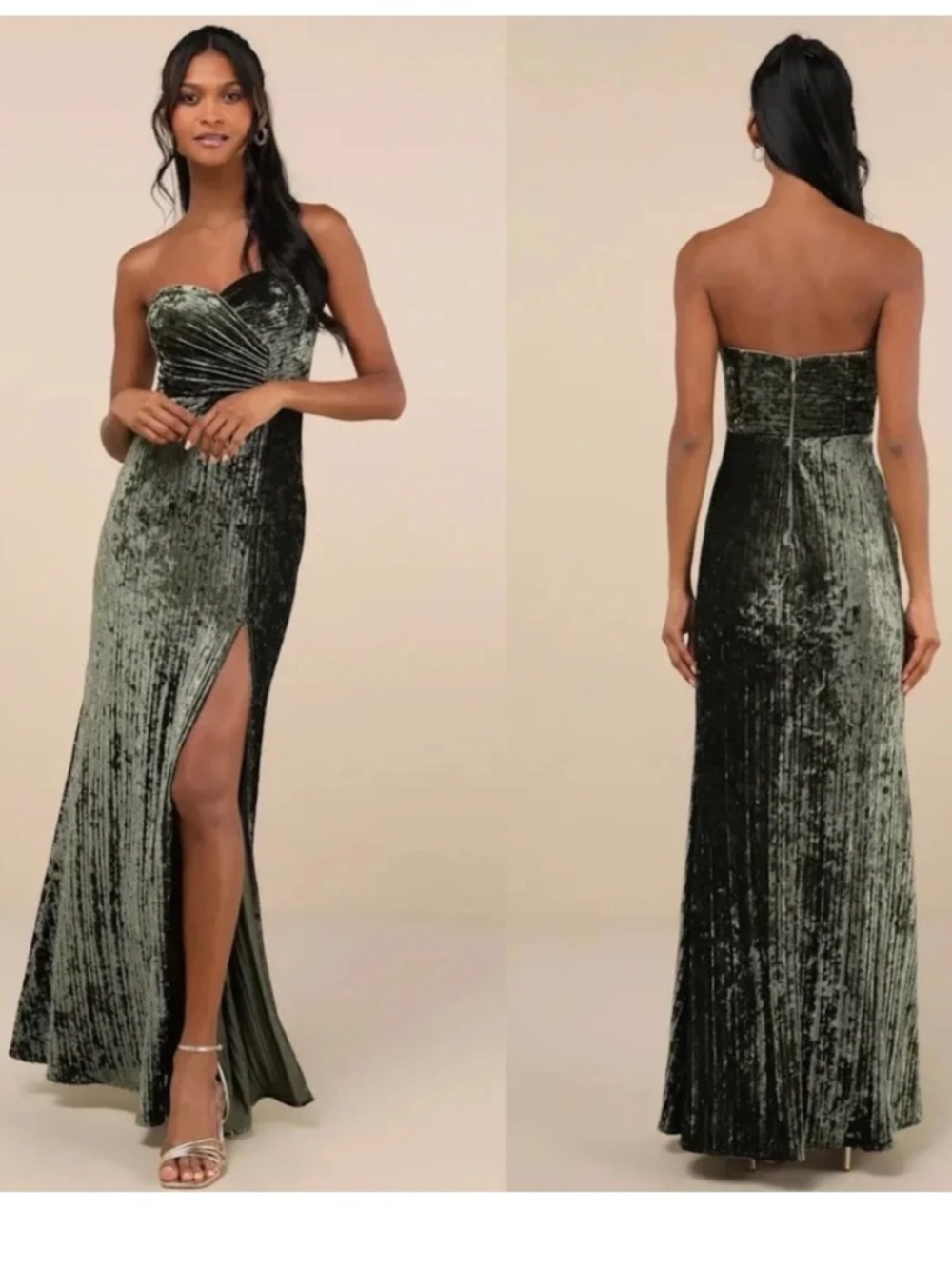NWT Lulus Classy Sensation Olive Velvet Pleated Strapless Maxi Dress XS